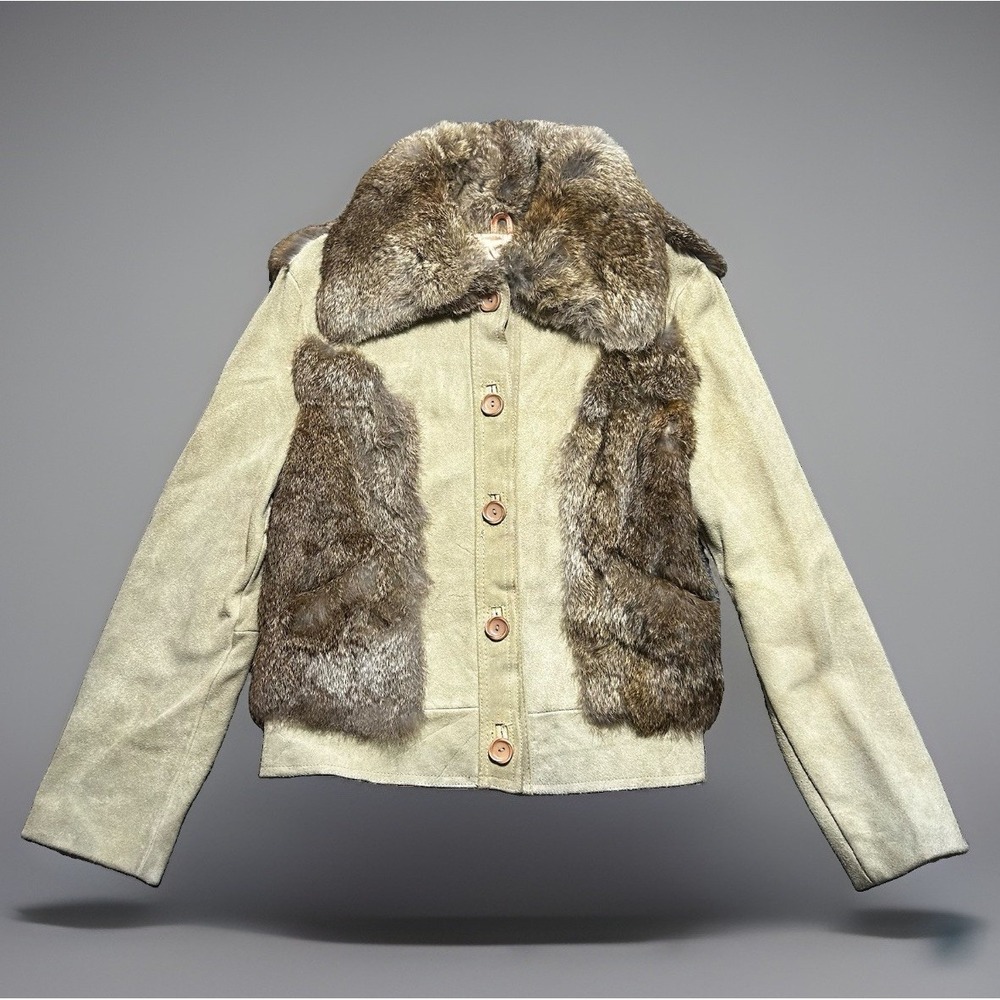 Vintage K&H Furmoste Rabbit Fur Corduroy Jacket Paneled Y2K Boho Beige 13/14